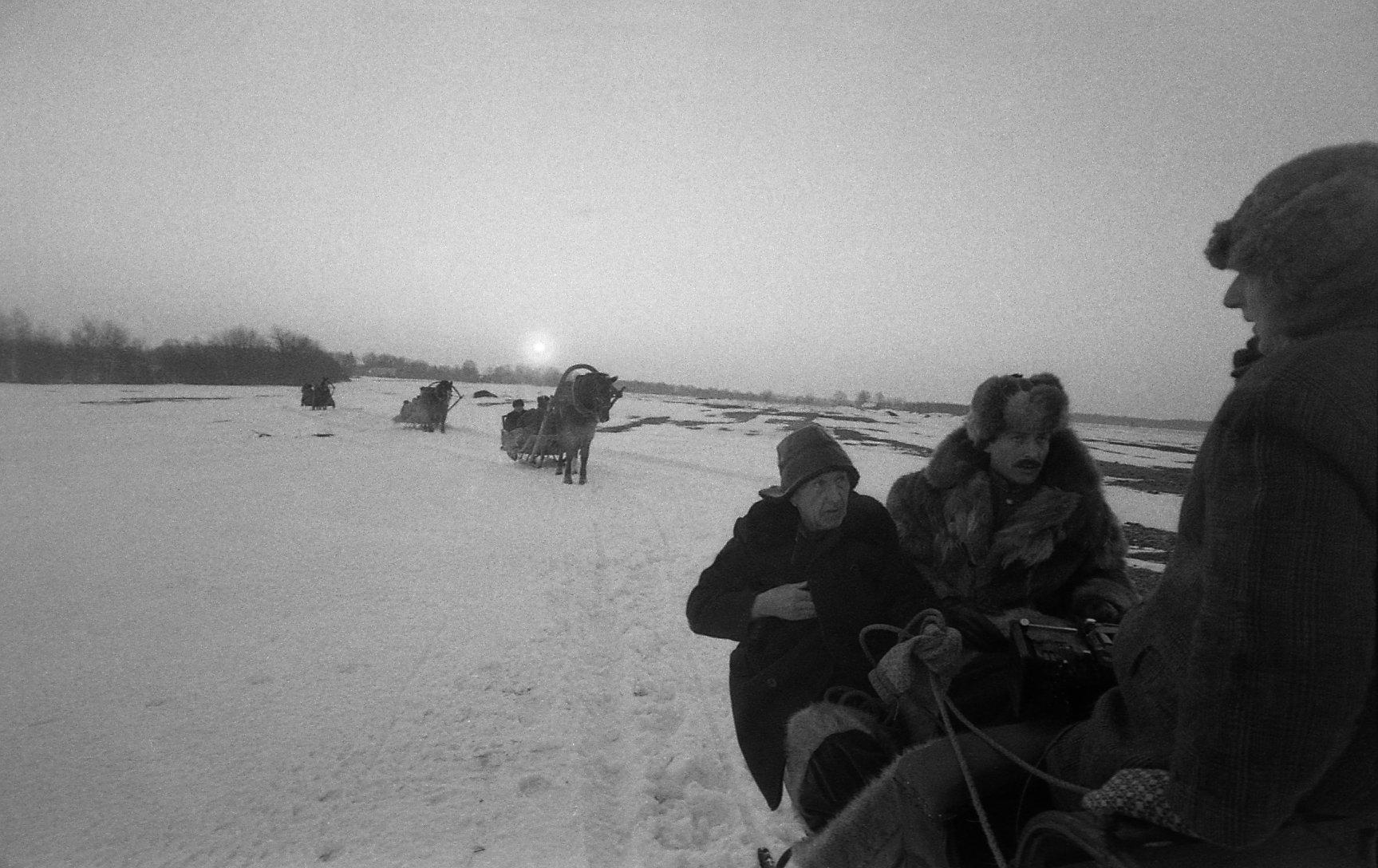 Filmi “Õpetaja” võtted 1979.aastal. Hobuste killavoorid jääl ja lumel. 