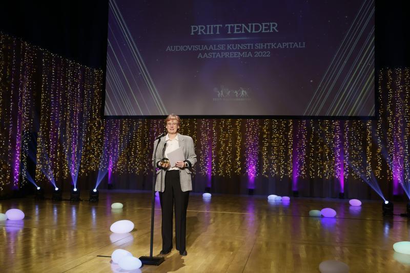 Eesti Kultuurkapitali audiovisuaalse kunsti sihtkapitali aastapreemia laureaadi Priit Tenderi preemia animafilmi Koerkoter eest võtab vastu produtsent Kerdi Oengo - Foto Egert Kamenik - Eesti Kultuurkapital